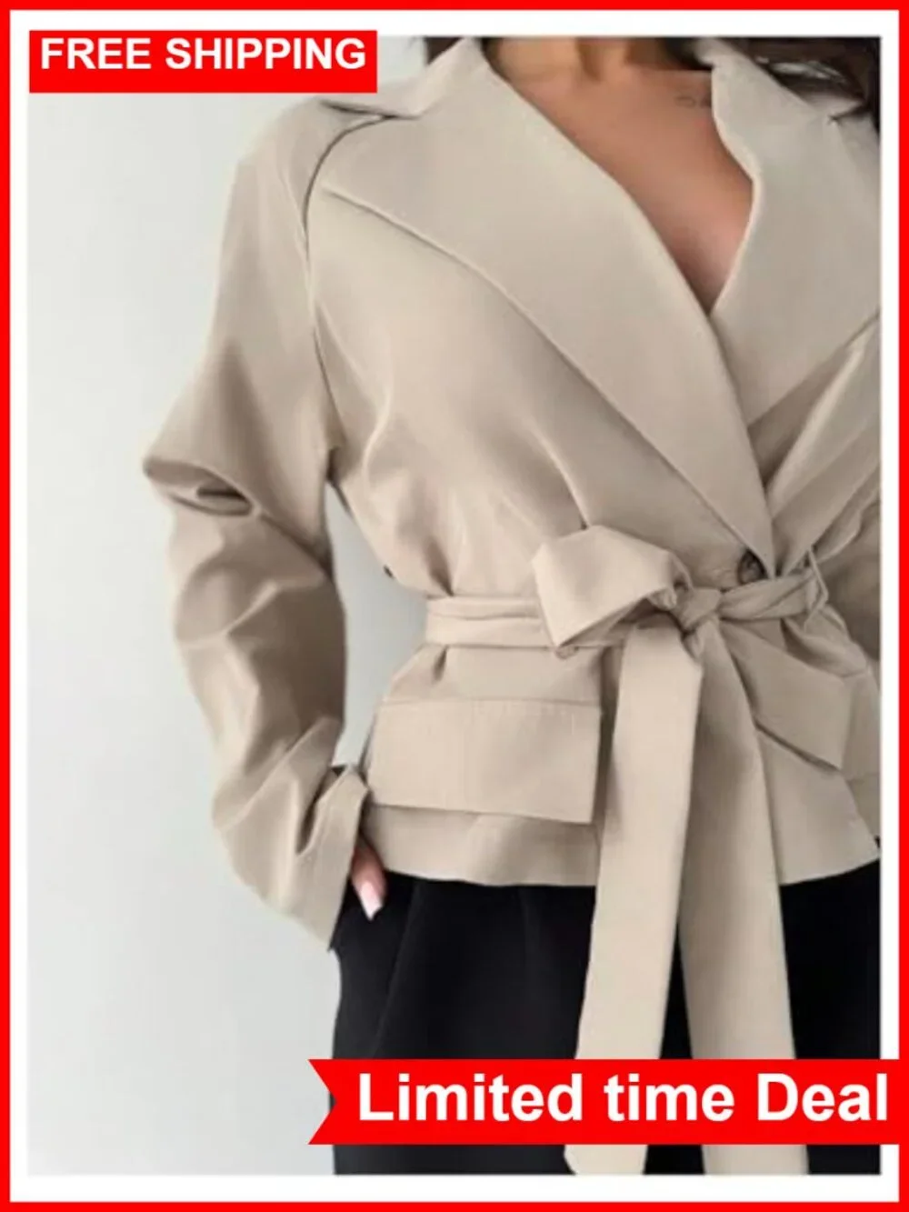 Verdusa Women's Tie Belt Double Breasted Trench Coat Long Sleeve Fall Outerwear